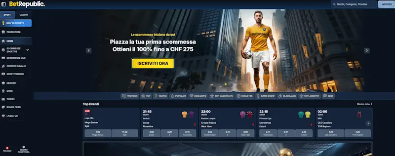 Bet Republic – welcome €2000 e casino live esteso